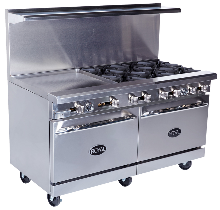 Ranges 60"w, Gas, 6 Burners, 24" Raised Griddle/Broiler, Standard Oven